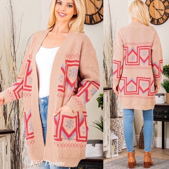 B29S🤎💗Luxury look+feel tan Southwest print cardigan w/pink +blue trim details - Picture 10 of 13